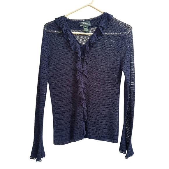 Lauren Ralph Lauren Hand Knit Cardigan Sweater Women M Blue Ruffle Long Sleeves - Picture 9 of 15